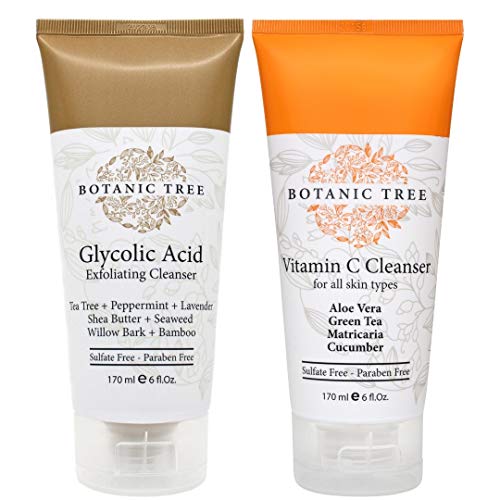 Botanic Tree Double Face Wash Kit - Gentle Facial Cleanser Set of Glycolic Acid Exfoliator Facewash And Vitamin C Cleanser for Women, Men - Natural Exfoliating Scrub Set for Oily, Dry, Sensitive Skin