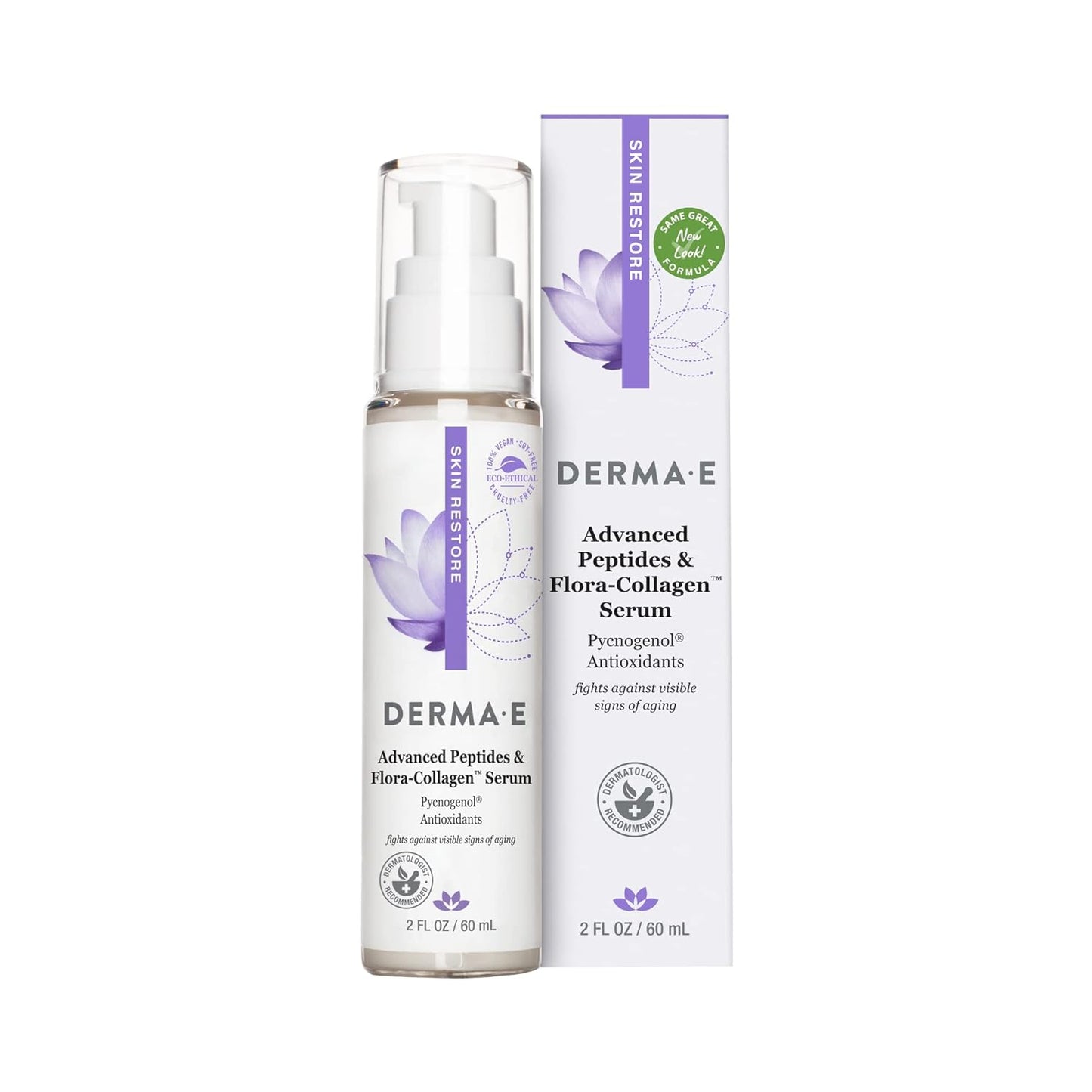 DERMA E Advanced Peptides and Vegan Flora-Collagen Serum – Double Action Collagen Face Cream with Peptide Complex – Intensely Hydrating Treatment for Lines, Wrinkles and Redness, 2 oz